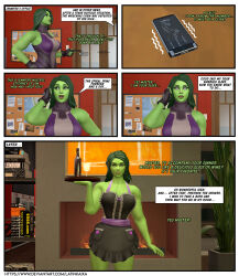  3d alternate_costume apron before_and_after bodysuit bow cell_phone comic dialogue female_only femsub green_hair green_skin latinkaixa long_hair maid maledom marvel_comics multiple_views naked_apron open_mouth phone she-hulk smile speech_bubble spiral_eyes standing standing_at_attention symbol_in_eyes tagme text tray trigger 