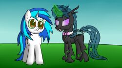 animals_only blue_hair changeling crossed_eyes fangs femdom femsub glowing glowing_eyes green_hair hooves horns horse long_hair magic my_little_pony non-human_feet octavia standing standing_at_attention unfocused_eyes unicorn vinyl_scratch western