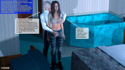  3d age_difference bald blue_eyes breast_grab brown_hair cergi_(marvlin666) collarbone comic expressionless femsub glowing glowing_eyes leggings long_hair maledom marvlin666 navel netorare original standing standing_at_attention text thick_thighs 