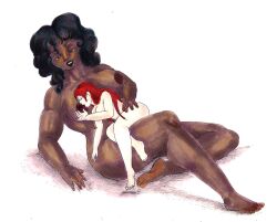 absurdres barefoot black_hair bottomless breasts dark_skin female_only femdom femsub happy_trance justsketchingviolets large_breasts long_hair nude ruby_gem(rubygem) size_difference smile topless traditional vampire yuri