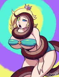  animated animated_eyes_only animated_gif bare_legs bare_shoulders blonde_hair cleavage coils collarbone crown disney drool earrings eyebrows_visible_through_hair female_only femsub hair_covering_one_eye heavy_eyelids jewelry kaa kaa_eyes large_breasts leaning_forward long_hair micro_bikini nintendo open_mouth panties princess_rosalina psyfly restrained ring_background sitting snake solo super_mario_bros. super_mario_galaxy the_jungle_book underboob 