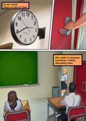 ai_art blonde_hair blue_eyes classroom comic phone school_uniform sculptortusk short_hair skirt tagme