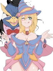 bare_shoulders blonde_hair bow_tie breasts chihiro choker cleavage dark_magician_girl femsub happy_trance hat long_hair looking_at_viewer maledom nightmare_penguin one_eye_open possession smile tie tongue tongue_out yu-gi-oh!