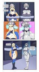  blonde_hair body_swap breasts comic dialogue dlobo777 grey_hair hourglass_figure huge_breasts long_hair robot robotization short_hair standing standing_at_attention text 