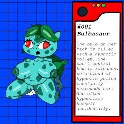  blue_skin bulbasaur chubby dazed drool furry hypnoemall kneeling large_breasts large_nipples nintendo nude pokemon pokemon_(creature) pussy_juice red_eyes scalie shortstack spiral_eyes tagme text 