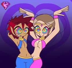  aged_up arms_above_head bandai_namco blue_background bracelet brown_hair cleavage dancer dancing davis_motomiya digimon digimon_adventure_02 eyebrows_visible_through_hair eyelashes femsub happy_trance harem_outfit hypnoscream kaa_eyes kari_kamiya large_breasts malesub multicolored_eyes multiple_subs navel red_hair shiny_hair shiny_skin short_hair simple_background story sub_on_sub tan_skin 