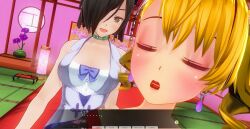 3d blonde_hair breasts brown_hair closed_eyes curly_hair dialogue female_only femdom femsub hat kamen_writer_mc large_breasts magician mc_trap_town multiple_girls screenshot short_hair text twintails