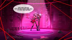  black_lipstick boots brain cleavage clothed dialogue dress english_text expressionless female_only femdom femsub fishnets garter_straps gloves hair_ornament hanging_down hazbin_hotel high_heels human_puppet lipstick long_hair makeup multiple_arms original puppet red_eyes red_sclera sallyxd seductive_smile smile speech_bubble stage standing tagme text thigh_boots velvette_(hazbin_hotel) white_eyes widow_(faunathekitten) x-ray 