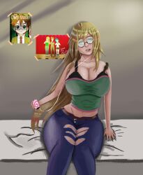 absurdres bed belt blonde_hair breasts cat_nap_(hypnolordx) cell_phone earbuds expressionless eyelashes female_only femsub foolycooly glasses green_eyes happy_trance headphones kisekae large_breasts lip_biting long_hair nail_polish navel original pants phone shiny_hair sitting spiral text thick_thighs torn_clothes