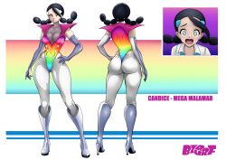 absurdres ass black_hair black_sclera boots breasts bzurrrf cameltoe candice corruption empty_eyes evil_smile female_only femsub gloves hair_clips hand_on_hip high_heels hypnovember large_breasts leotard malamar_outfit multiple_views nintendo opera_gloves pokemon pokemon_diamond_pearl_and_platinum smile solo surprised twintails yellow_eyes