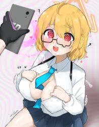  blonde_hair blue_archive braid breasts cdim cell_phone cleavage dazed empty_eyes femsub glasses gloves hypnotic_app kotori_(blue_archive) open_mouth red_eyes short_hair skirt spiral_eyes symbol_in_eyes tie 
