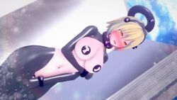 3d blonde_hair blush chastity clothed_exposure collar corruption cuffs empty_eyes female_only femsub gloves halo headdress kaints koikatsu! kuromaru large_breasts latex living_costume m.u.g.e.n. navel open_mouth pad_lock pasties reverse_bunnysuit rubber short_hair solo sweat thighhighs yellow_eyes