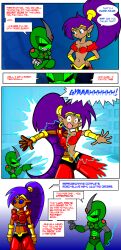  before_and_after breasts chaoscroc_(character) comic dark_skin dialogue elf_ears femsub genie hypnotic_beam hypnotic_gun large_breasts maledom p.chronos purple_hair raygun robot robotization shantae shantae_(series) standing standing_at_attention tech_control text transformation 