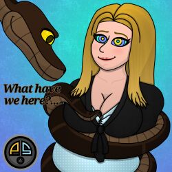 blonde_hair bondage breasts chubby cleavage coils disney fat femsub happy_trance huge_breasts hypnotic_eyes kaa kaa_eyes large_breasts long_hair maledom ordeper_arts original smile snake text the_jungle_book