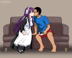  absurdres apron bangs barefoot black_hair closed_eyes couch doki_doki_literature_club empty_eyes femsub floonasif french_kiss game_controller glasses happy_trance indifferent kissing light_skin maid maid_headdress maledom playstation purple_eyes purple_hair shirt shoes shorts signature simple_background sitting spiral_eyes symbol_in_eyes tagme tan_skin very_long_hair wholesome yuri_(doki_doki_literature_club) 