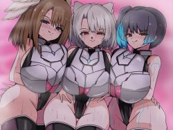 alternate_costume blue_hair blush breast_press breasts brown_hair cat_girl corruption empty_eyes eunie_(xenoblade) female_only femsub happy_trance huge_breasts hyper_breasts kia-shi looking_at_viewer mio_(xenoblade) multiple_girls multiple_subs naughty_face naughty_smile nintendo sena_(xenoblade) silver_hair source_request sweat symmetrical_docking wings xenoblade_chronicles xenoblade_chronicles_3