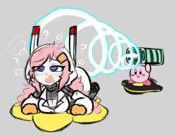  blue_eyes blush confused drool femsub grey_background hair_covering_one_eye happy_trance kirby kirby_(series) kirby_air_riders maledom nintendo pink_hair simple_background skecchyartist susie_(kirby) very_long_hair 