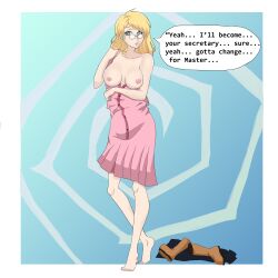 absurdres aurora_(jabberwocky) barefoot blonde_hair breasts collarbone comic earrings femsub glasses inkystickymcgee jewelry large_breasts nipples original simple_background spiral_eyes standing symbol_in_eyes text undressing