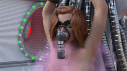  3d amazonarrow armpits arms_above_head bondage corruption cuffs daz_studio expressionless eye_mask female_only femsub gas_mask hypnotic_gas ms._magique nude orange_hair original pink_eyes short_hair super_hero 