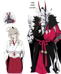  absurdres ahoge alternate_costume angry before_and_after black_sclera body_markings breasts cleavage clothed costume demon demon_boy demon_girl earrings elf_ears evil_smile eye_color_change facial_markings femsub glasses grey_skin hair_color_change horns huge_breasts japanese_clothing kanda_(kurenaiz) kurenaiz large_breasts maledom necklace oni_boy oni_girl original platinum_blonde_hair possession red_eyes shrine_maiden silver_hair simple_background size_difference smile speech_bubble story tagme thai_text transformation very_long_hair white_background white_hair white_skin 
