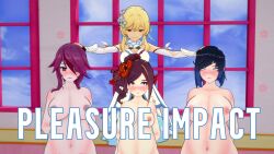  3d black_hair blonde_hair blue_eyes blush breasts brown_eyes brown_hair chiori_(genshin_impact) clothed cover english_text female_only femdom femsub genshin_impact harem lumine_(genshin_impact) mad_jacks multiple_girls multiple_subs nipples nude purple_eyes purple_hair rosaria_(genshin_impact) short_hair text yelan_(genshin_impact) 