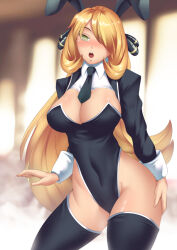 blonde_hair blush breasts bunny_girl bunnysuit cleavage cuffs cynthia expressionless fake_animal_ears female_only femsub hadant hair_covering_one_eye large_breasts long_hair looking_at_viewer nintendo open_mouth pokemon pokemon_diamond_pearl_and_platinum ring_eyes solo symbol_in_eyes thighhighs tie