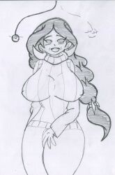  bare_legs bare_shoulders blush braid breasts coin drasna_(pokemon) drwaffles earrings female_only femsub greyscale happy_trance huge_breasts long_hair monochrome nintendo open_mouth pendulum pokemon pokemon_x_and_y ring_eyes smile solo sweater traditional virgin_killer_sweater white_background 