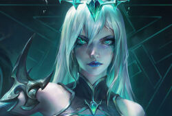 alternate_color_scheme alternate_costume aura bare_shoulders control_indicator corruption crossover crown expressionless eye_color_change eyeshadow femsub floating glowing glowing_eyes league_of_legends lipstick long_hair makeup maledom nier_automata pale_skin possession purple_lipstick ruination shixiang_zhao square_enix viego_(league_of_legends) white_hair yorha_type_a_no._2