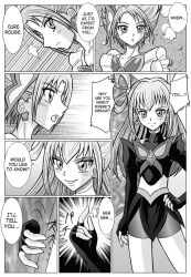  breast_expansion breasts comic corruption cure_rouge dark_dream_(precure) femdom femsub greyscale happy_trance nozomi_yumehara precure red_hair right_to_left rin_natsuki suit text yes!_precure_5 