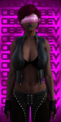 3d breasts cleavage dark_skin drool female_only femsub huge_breasts jules_(theheckle) midriff original punk purple_hair solo tech_control text theheckle visor