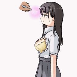  animated animated_gif black_hair bra breasts brown_eyes empty_eyes erect_nipples expressionless femsub glowing large_breasts long_hair maledom nagi nipples open_shirt pen_light phantom_hand school_uniform shirt simple_background skirt standing standing_at_attention topless undressing white_hair 