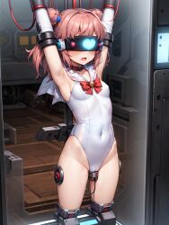  ai_art armpits arms_above_head blush bow_tie brown_hair cables choker glowing hair_buns heart koimin4_(generator) leotard navel open_mouth pussy_juice restrained short_hair small_breasts stable_diffusion_(ai) sweat tech_control trembling vaginal vibrator visor wires 