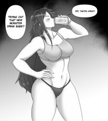  breasts cleavage dialogue flanc20 greyscale large_breasts long_hair original speech_bubble 