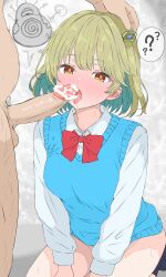  absurdres androgynous_dom antenna asche_nagareboshi bare_legs black_eyes blush bottomless bow_tie censored confused duel_masters erection faceless_male fellatio femsub green_hair hair_ornament hand_on_head heterosexual kneeling large_penis legs levitation licking maledom monster open_mouth oral orange_eyes penis school_uniform senno_brainwash shirt short_hair sitting socks speech_bubble spiral spiral_eyes sweat thighs tongue tongue_out uniform watti3600 