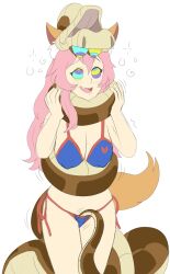 bikini blush breasts caster_(fate/extra) coils crotch_rub disney erect_nipples fate/extra fate_(series) femsub fox_girl happy_trance hypnotic_eyes kaa kaa_eyes large_breasts long_hair open_mouth pink_hair plsgts resisting simple_background snake the_jungle_book white_background