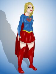 absurdres blonde_hair boots cape dc_comics drool female_only femsub happy_trance legion_of_superheroes saltygauntlet skirt spiral_eyes standing standing_at_attention super_hero supergirl superman_(series) symbol_in_eyes thick_thighs thigh_boots