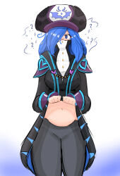 a_singular_fish blonde_hair blue_eyes blush chubby confused cuffs emblem eyebrows_visible_through_hair face_mask female_only femsub francisca gradient_background hair_covering_one_eye hat heart kirby_(series) kirby_star_allies long_hair navel nintendo pants personification shirt shirt_lift simple_background solo spiral_eyes suit white_background