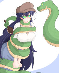 a_singular_fish blue_hair blush cleavage cleavage_cutout clothed coils collarbone dazed earrings eyebrows_visible_through_hair female_only femsub hat kaa_eyes large_breasts leaning_forward long_hair nagi_arato open_mouth pants restrained ruri_rocks simple_background snake t-shirt white_background