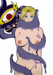 blonde_hair bottomless breasts crown elf_ears empty_eyes expressionless femsub four_swords_adventures idrawboobs jewelry large_breasts long_hair nintendo nude princess princess_zelda slime standing standing_at_attention tentacles the_legend_of_zelda topless vaati western 