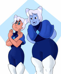 absurdres alternate_costume androgynous androgynous_sub blue_eyes blue_hair blue_sclera blue_skin clone enemy_conversion femdom holly_blue_agate large_lips shydaddy simple_background smile standing standing_at_attention steven_universe stevonnie story tan_skin thighhighs uniform white_background 
