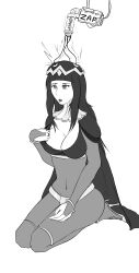 black_hair breasts cape cleavage dazed drool electricity empty_eyes female_only femsub fire_emblem fire_emblem_awakening greyscale high_heels kneeling large_breasts long_hair nintendo open_mouth pantyhose sketch tech_control tharja zko