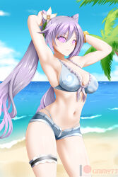 arms_above_head arms_behind_back beach bikini_top blush breasts cleavage female_only femsub genshin_impact happy_trance keqing kimmy77 large_breasts large_hips long_hair looking_at_viewer manip misterman4_(manipper) purple_hair short_shorts smile swimsuit tagme twintails