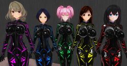 3d before_and_after black_hair blue_eyes bodysuit breasts brown_eyes brown_hair character_request collar custom_maid_3d_2 cyber-sexaroid_(dndniwana3s) empty_eyes expressionless female_only femsub green_eyes heterochromia hidoi_koto_suru_man large_breasts latex long_hair looking_at_viewer multiple_girls multiple_subs rubber short_hair standing standing_at_attention tech_control twintails yellow_eyes