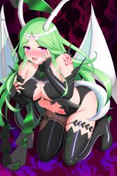  absurdres alternate_costume blush breasts cleavage corruption cosplay crotch_tattoo dragon_girl empty_eyes enemy_conversion eploov female_only fingerless_gloves fire_emblem fire_emblem_three_houses gloves green_hair high_heels horns huge_breasts kronya_outfit latex looking_at_viewer nintendo open_mouth opera_gloves pink_eyes rhea_(fire_emblem_three_houses) sideboob solo symbol tattoo thighhighs wings 