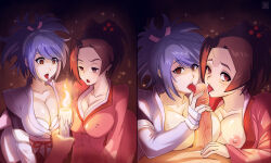  absurdres breasts brown_hair candle cleavage collaboration collaborative_fellatio empty_eyes erection fellatio femsub fuu_(samurai_champloo) hmage hypnotic_fire large_breasts open_mouth penis purple_hair samurai_champloo sheena_fujibayashi tales_of_(series) tales_of_symphonia tongue tongue_out veins 
