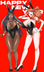  bare_legs black_hair blue_eyes blue_hair blush bow bow_tie breasts bunny_ears bunny_girl bunnysuit cleavage collarbone cuffs dark_skin embarrassed eyebrows_visible_through_hair fake_animal_ears fake_tail female_only femsub glowing_eyes green_eyes hand_on_hip happy_trance high_heels huge_breasts large_hips leotard light_skin long_hair looking_at_viewer manip misterman4_(manipper) multicolored_hair multiple_girls multiple_subs nail_polish nessa_(pokemon) new_years nintendo one_eye_open ong open_mouth pokemon pokemon_sword_and_shield ponytail posing red_background red_hair ribbon side_ponytail simple_background smile sonia_(pokemon) spiral_eyes standing tagme text v 