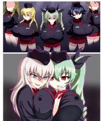  anchovy_(girls_und_panzer) aura black_hair blonde_hair blue_eyes breast_grab breast_press breasts carpaccio_(girls_und_panzer) comic drill_hair empty_eyes erect_nipples erect_nipples_under_clothes erika_itsumi evil_smile expressionless faceless female_only femsub finger_to_mouth girls_und_panzer glowing green_eyes hand_on_head hat huge_breasts looking_at_viewer love_r_gene multiple_girls multiple_subs orange_eyes pepperoni_(girls_und_panzer) red_eyes ribbon short_hair skirt smile twintails uniform 