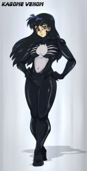  absurdres black_hair breasts brown_eyes chronorin female_only femsub inuyasha_(series) kagome_higurashi large_breasts looking_at_viewer marvel_comics simple_background symbiote text venom_(marvel) 