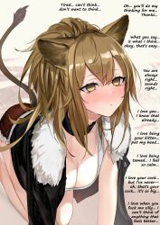  all_fours animal_ears arknights blush breasts brown_hair cat_ears cat_girl choker cleavage dazed empty_eyes eyebrows_visible_through_hair female_only femsub happy_trance jacket lion_girl long_hair love maledom manip neko_no_youchuu open_clothes ponytail short_shorts siege_(arknights) solo tail tank_top text twintail_lord_(manipper) yellow_eyes 