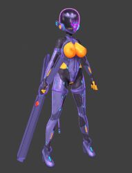  3d agent_mirai bodysuit boots breasts drone faceless female_only femsub gloves grey_background helmet high_heels large_breasts mirai_(agent_mirai) nipples opera_gloves original see-through solo standing sweat tech_control umaaji_lady_mk2 weapon 